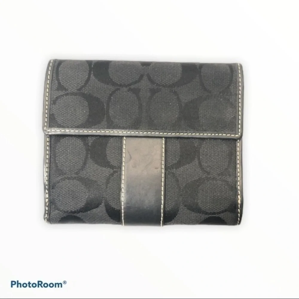 Coach black signature stripe compact wallet